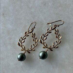 Elegant Gold Leaf Earrings with Green Pearls